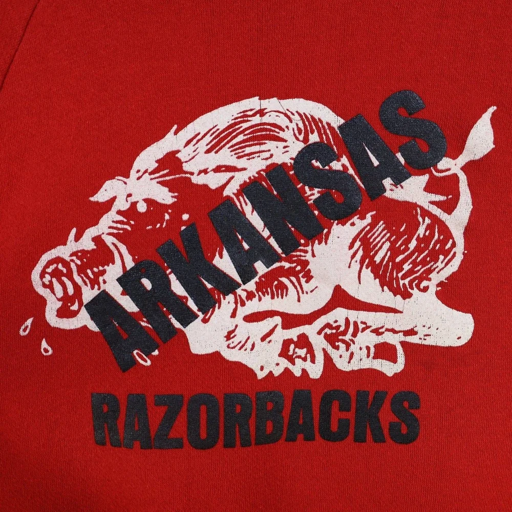 Vintage 80s Arkansas Razorbacks Sweatshirt Large Red Cotton Blend Raglan NCAA - Picture 2 of 14